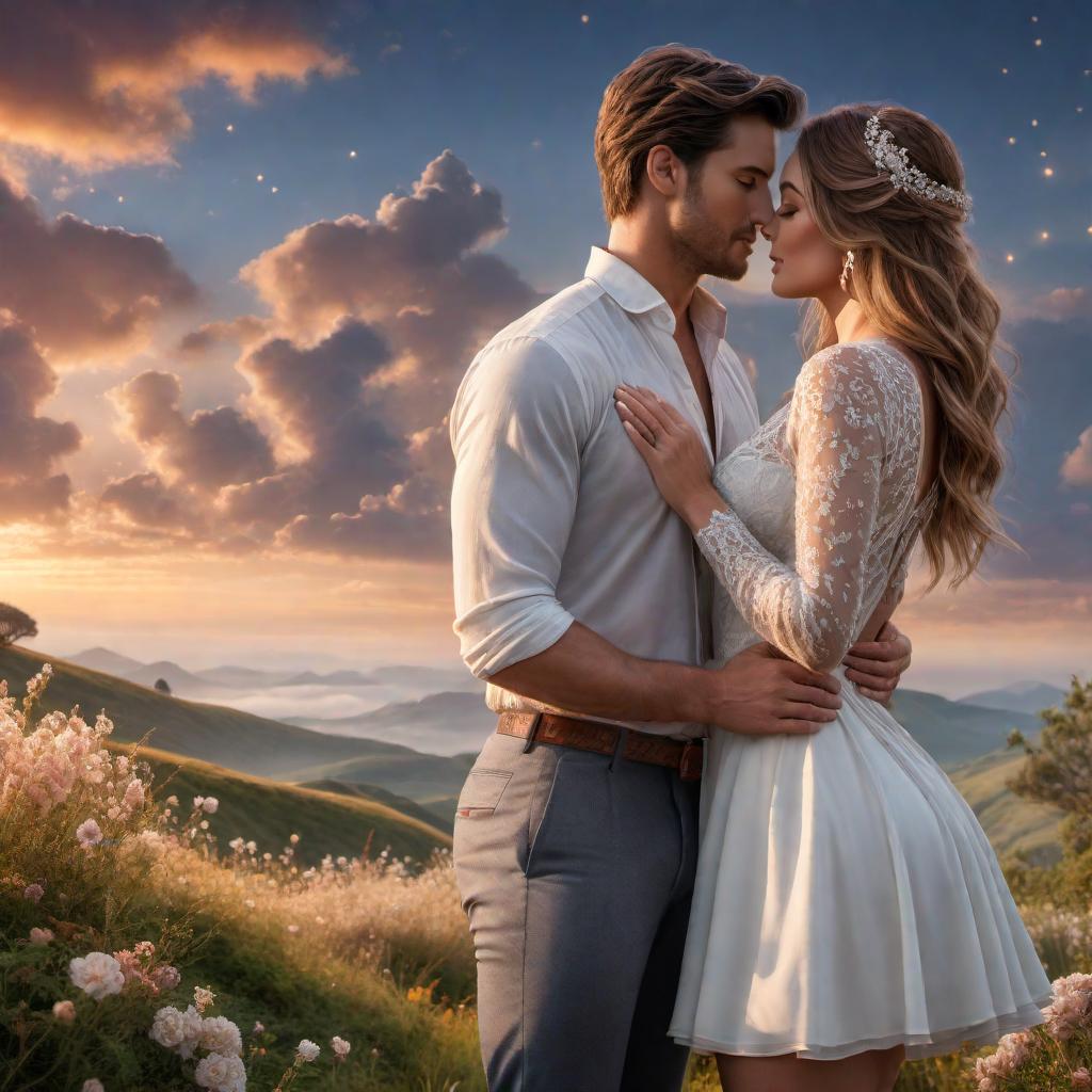  A romantic scene with a couple, named Michelle and her partner, in a poetic landscape. The background should include a sunrise, with gentle breezes and a radiant starry sky transitioning into dawn. The couple looks lovingly at each other, capturing the essence of ever-growing love even when apart. Include elements that reflect the poem, such as whispers in the breeze, warm embraces, and a heart connection despite the distance. hyperrealistic, full body, detailed clothing, highly detailed, cinematic lighting, stunningly beautiful, intricate, sharp focus, f/1. 8, 85mm, (centered image composition), (professionally color graded), ((bright soft diffused light)), volumetric fog, trending on instagram, trending on tumblr, HDR 4K, 8K