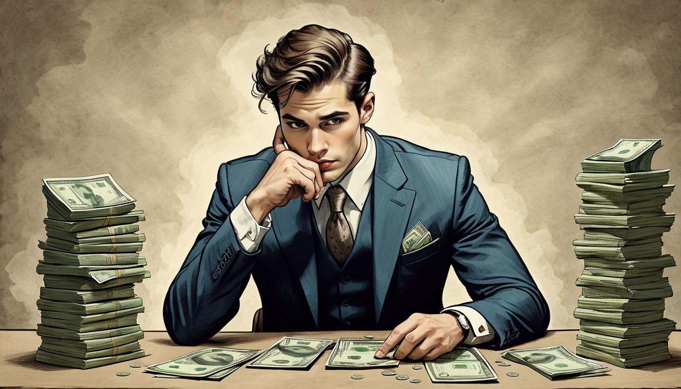  on parchment, surrealism+++, A young man in a business suit, seated at a desk, stacks of money on one side, blank expression, empty office, hollow fulfillment(mysterious, provocative, symbolic,muted color)+++