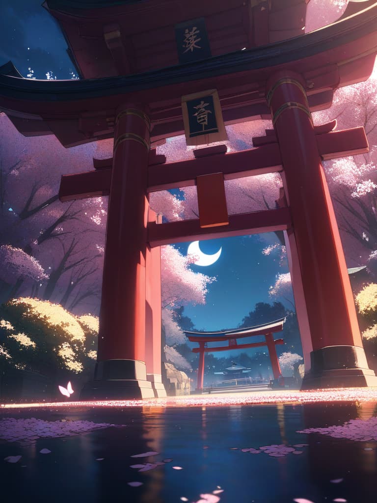  Scenery, Senbon Torii, cherry blossom petals, crescent moon, night, masterpiece, best quality,8k,ultra detailed,high resolution,an extremely delicate and beautiful,hyper detail