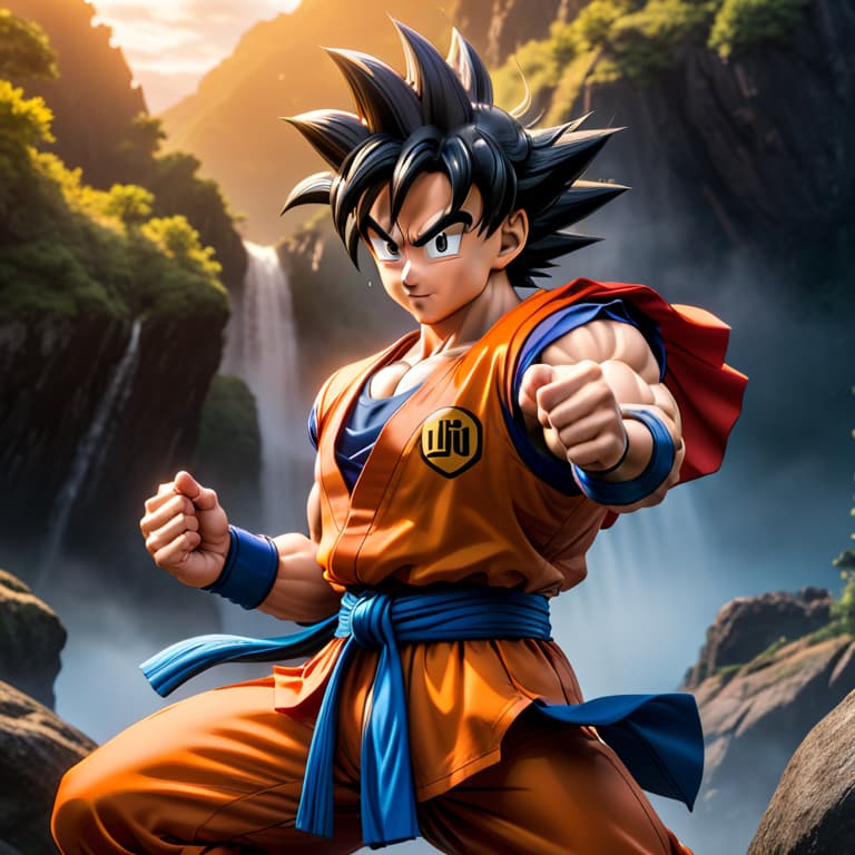  Goku Kakarot stands in a dynamic pose, holding a microphone as he sings with enthusiasm and energy.detailed face He is dressed in his iconic orange gi, exuding confidence and charisma. The background is random, filled with vibrant colors and elements that add to the adventurous and lively atmosphere, complementing Goku's spirited performance. hyperrealistic, full body, detailed clothing, highly detailed, cinematic lighting, stunningly beautiful, intricate, sharp focus, f/1. 8, 85mm, (centered image composition), (professionally color graded), ((bright soft diffused light)), volumetric fog, trending on instagram, trending on tumblr, HDR 4K, 8K