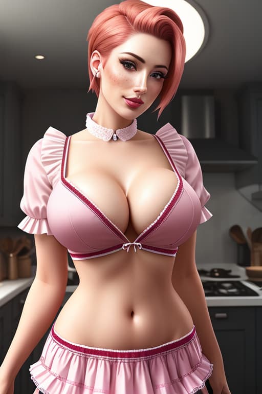  a closeup portrait of a playful maid, undercut hair, apron, amazing body, pronounced feminine feature, lustful, busty, cleavage, belly button, stockings, kitchen, [ash blonde | ginger | pink hair], freckles, flirting with camera hyperrealistic, full body, detailed clothing, highly detailed, cinematic lighting, stunningly beautiful, intricate, sharp focus, f/1. 8, 85mm, (centered image composition), (professionally color graded), ((bright soft diffused light)), volumetric fog, trending on instagram, trending on tumblr, HDR 4K, 8K