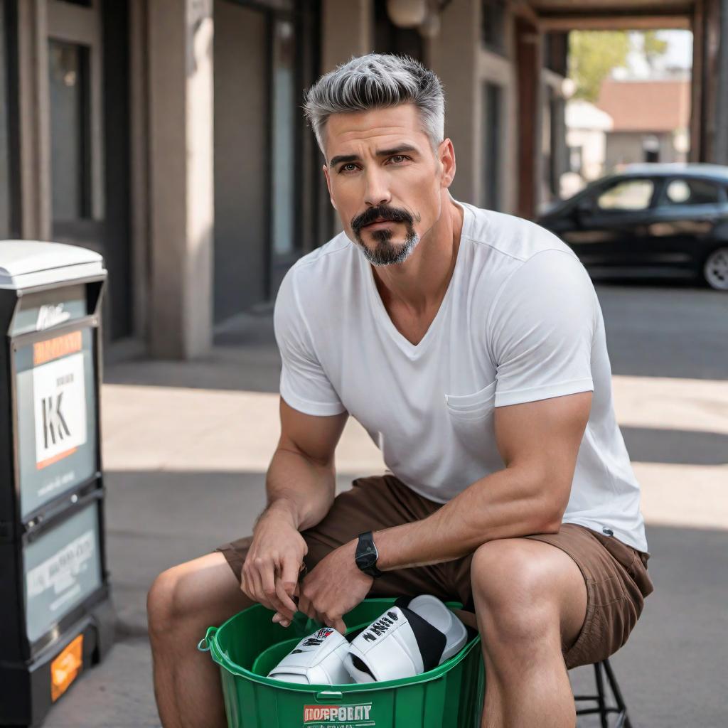  A 6 ft tall man weighing 200 lbs with short black and white hair and a goatee mustache. He is wearing a white A-shirt and brown Dickies shorts with black Nike slides and white socks. The man is putting movies into a plastic bin. hyperrealistic, full body, detailed clothing, highly detailed, cinematic lighting, stunningly beautiful, intricate, sharp focus, f/1. 8, 85mm, (centered image composition), (professionally color graded), ((bright soft diffused light)), volumetric fog, trending on instagram, trending on tumblr, HDR 4K, 8K