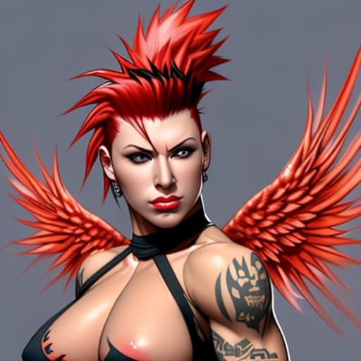  Woman with red Mohawk big muscles and wings