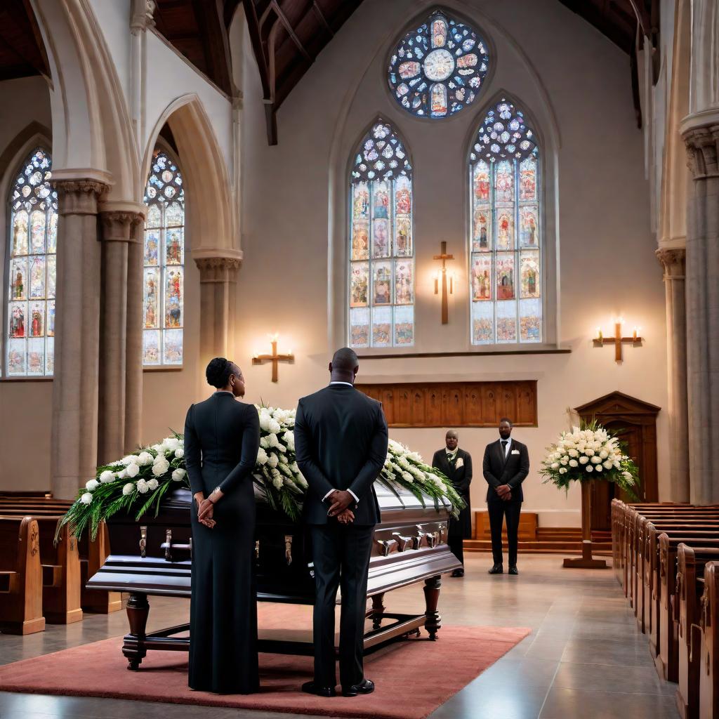  A somber funeral scene with a Black family gathered around a casket in a solemn church. The family looks mournful and there is a GoFundMe sign discreetly placed near the entrance of the church, indicating the need for financial help. The setting should be heartfelt and respectful, capturing the genuine emotions of grief and support. hyperrealistic, full body, detailed clothing, highly detailed, cinematic lighting, stunningly beautiful, intricate, sharp focus, f/1. 8, 85mm, (centered image composition), (professionally color graded), ((bright soft diffused light)), volumetric fog, trending on instagram, trending on tumblr, HDR 4K, 8K