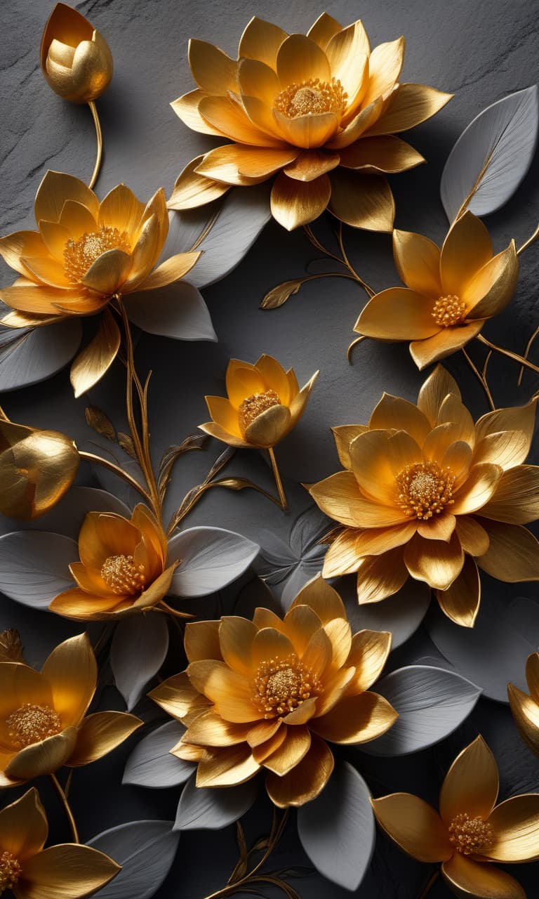  Abstract gold flowers, brush strokes evoke a sense of luxury, on the surface of textured grey stone, interplay of metallic sheen with matte stone, high contrast, contrasting elements, still life composition, golden ratio, digital painting, super fine detail, dramatic lighting, octane rendering., hkmagic hyperrealistic, full body, detailed clothing, highly detailed, cinematic lighting, stunningly beautiful, intricate, sharp focus, f/1. 8, 85mm, (centered image composition), (professionally color graded), ((bright soft diffused light)), volumetric fog, trending on instagram, trending on tumblr, HDR 4K, 8K