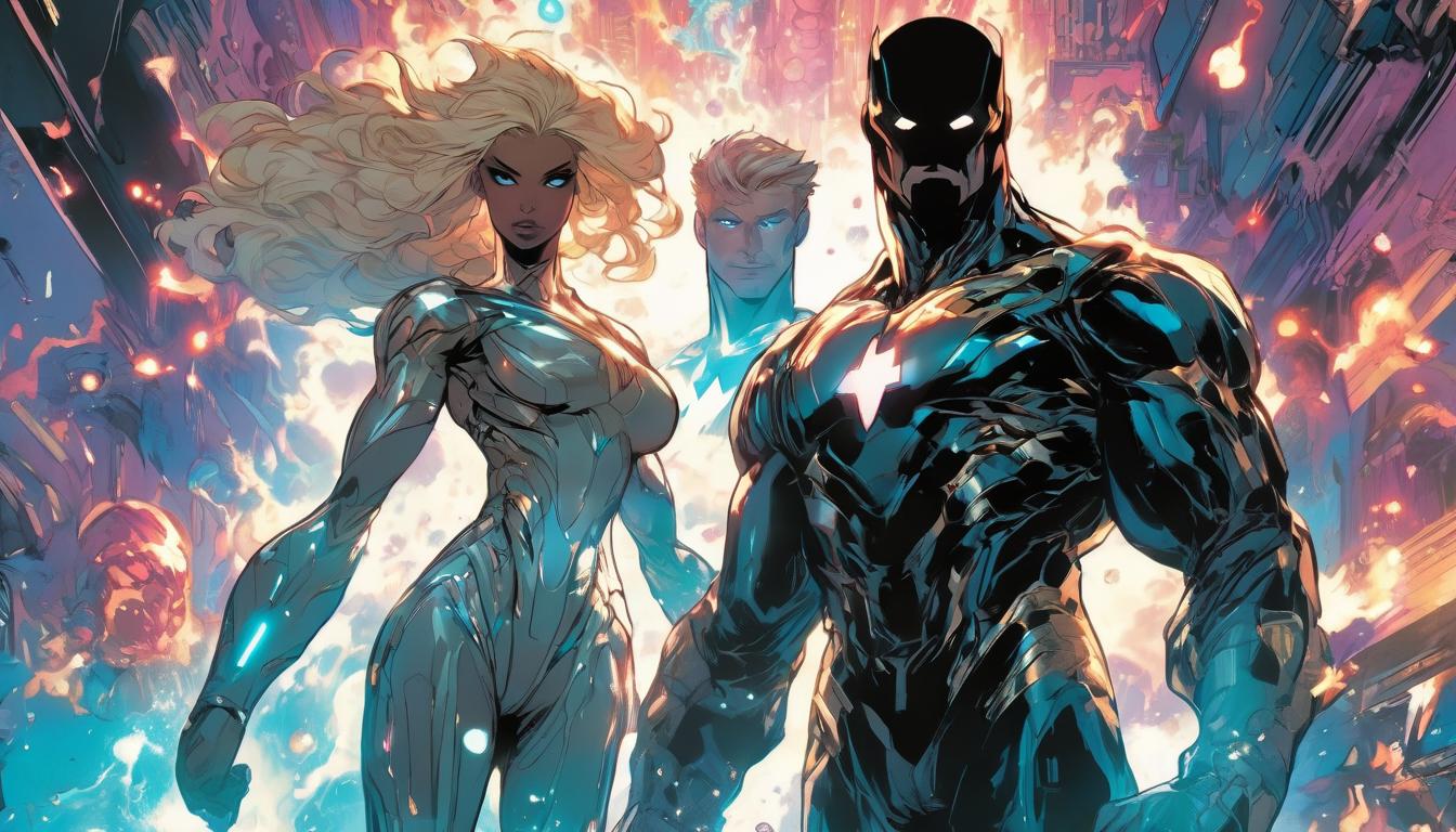  hyperrealism,fantasy aesthetic1man1woman, large busted attractive brunette arian female humanoid and handsome blonde male humanoid, one stepping forward, one hesitating, cosmic backdrop, high tech clothing clad in sleek, futuristic costume with metallic accents and form fitting designs, marvel superhero comics style, unreal engine rendering