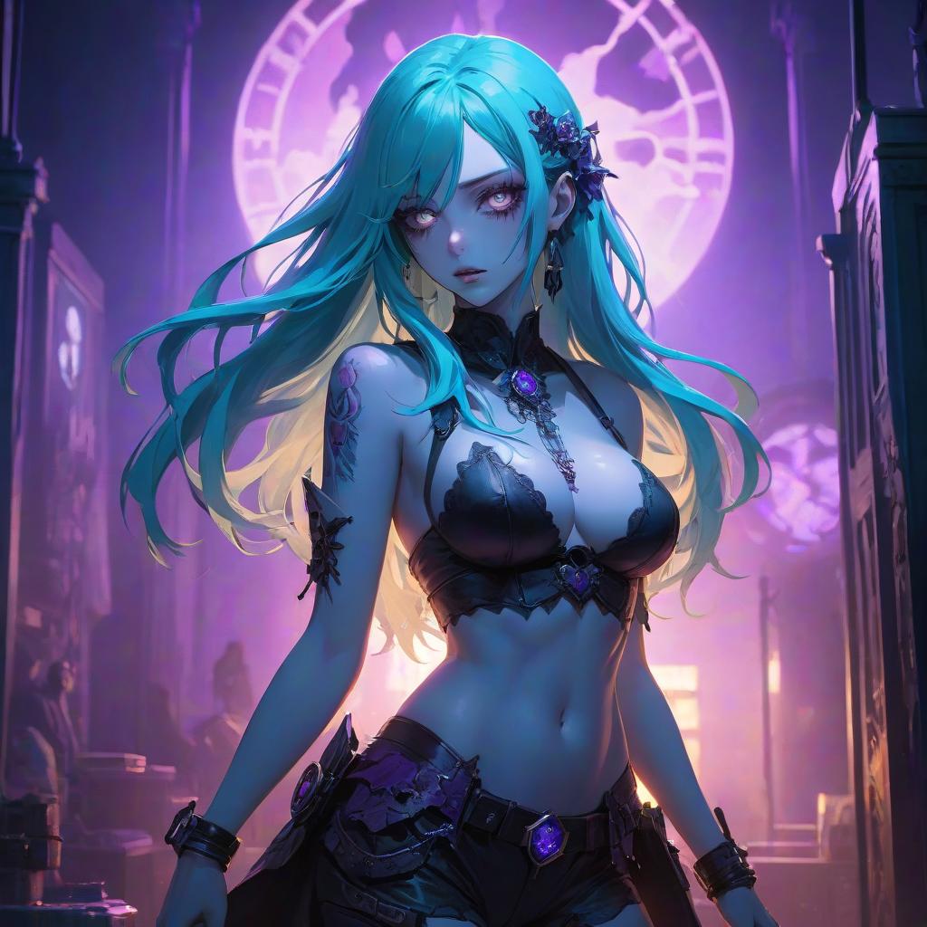  a woman with long hair standing in front of a purple light, official splash art, black and aqua colors, beautiful zombie, discord, epic music album cover, —ar 16:9, antialiased, ios app icon, by Sōami, chaotic revenge, gothcore, emerging from her lamp, sona hyperrealistic, full body, detailed clothing, highly detailed, cinematic lighting, stunningly beautiful, intricate, sharp focus, f/1. 8, 85mm, (centered image composition), (professionally color graded), ((bright soft diffused light)), volumetric fog, trending on instagram, trending on tumblr, HDR 4K, 8K