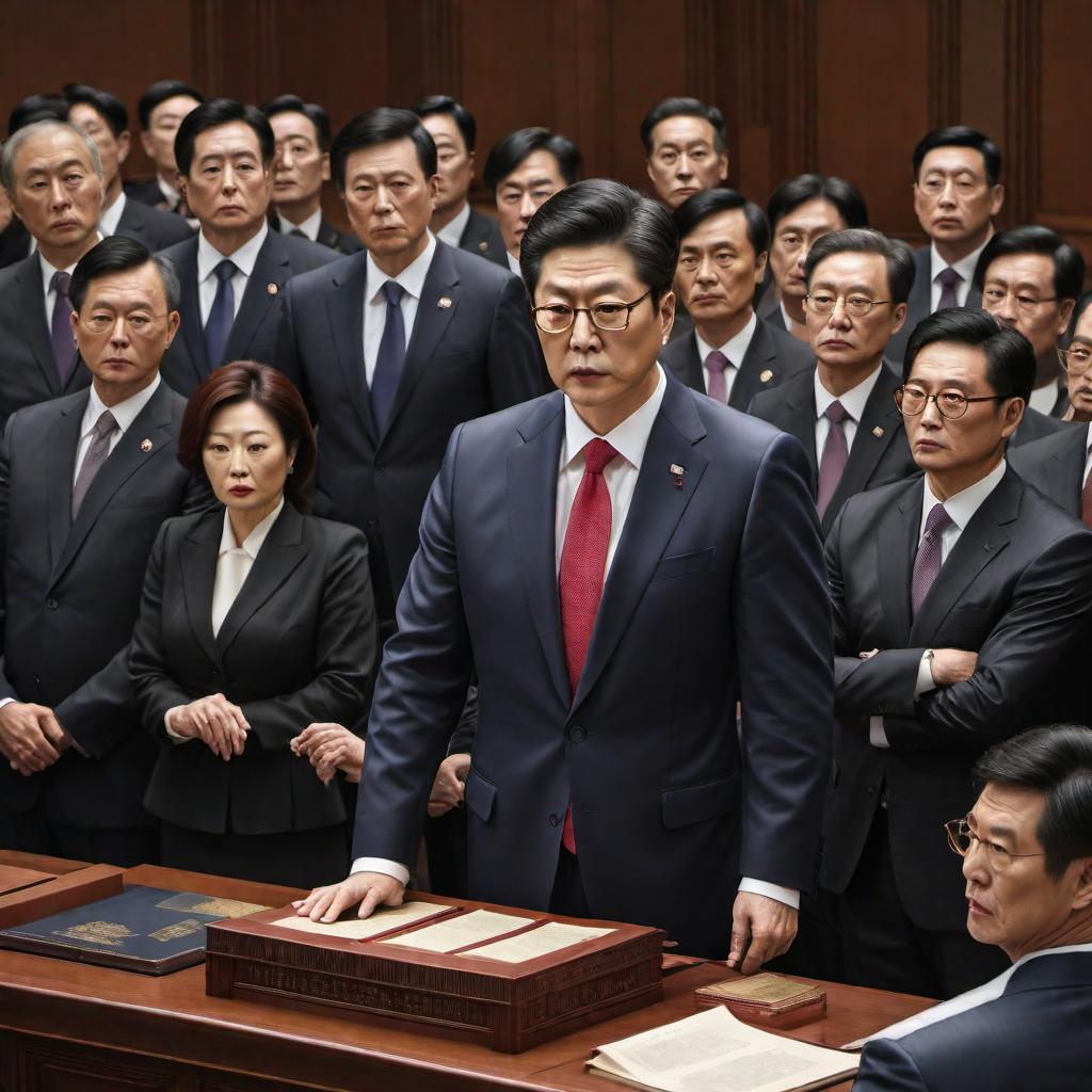  A political satire illustration depicting the process of impeachment of a person named 'Yoon Seok-yeol'. The image should include a courtroom scene with judges, lawyers, and the accused person in the center. Use symbolic elements to represent the political controversy and legal proceedings related to the impeachment. hyperrealistic, full body, detailed clothing, highly detailed, cinematic lighting, stunningly beautiful, intricate, sharp focus, f/1. 8, 85mm, (centered image composition), (professionally color graded), ((bright soft diffused light)), volumetric fog, trending on instagram, trending on tumblr, HDR 4K, 8K