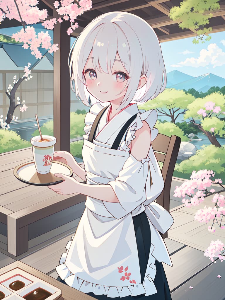  Japanese Painting Style, FRILL APRON, BARE SHOULDER, CARRY A TRAY, HAPPY SMILE, Japanese Cafe, Best Quality: 1.4, ULTRA DETALED EXTURE, Raw PhotOREALISTIC, Absurd Resolution, 8k Illustration, 💩, 💩, 💩, 💩, 💩, 💩,, masterpiece, best quality,8k,ultra detailed,high resolution,an extremely delicate and beautiful,hyper detail