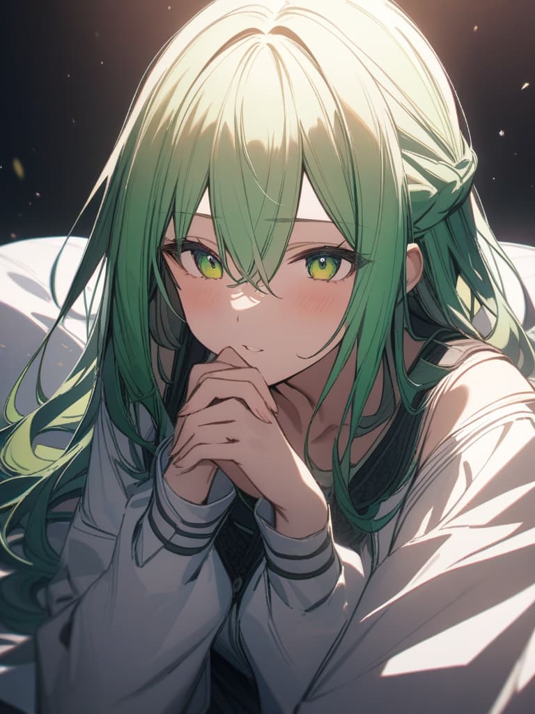  Green hair character with a bunch of Satsuki azalea, masterpiece, best quality,8k,ultra detailed,high resolution,an extremely delicate and beautiful,hyper detail