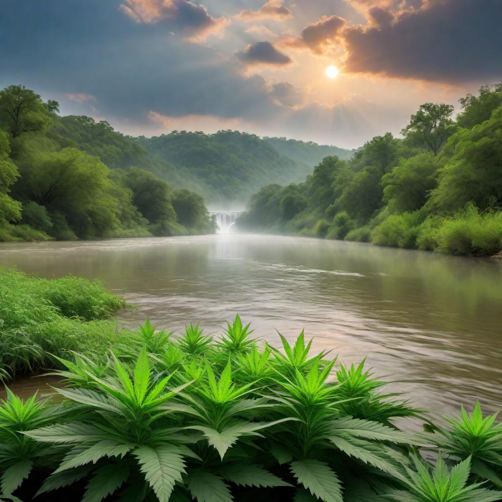  A realistic scene of the Brazos River flowing peacefully with lush green marijuana plants on both banks. The text 'Brazos River Bud Company' clearly overlayed in a stylish and eye-catching font. The overall design should be clean and professional, with natural elements that reflect the beauty of the river and the plants. hyperrealistic, full body, detailed clothing, highly detailed, cinematic lighting, stunningly beautiful, intricate, sharp focus, f/1. 8, 85mm, (centered image composition), (professionally color graded), ((bright soft diffused light)), volumetric fog, trending on instagram, trending on tumblr, HDR 4K, 8K