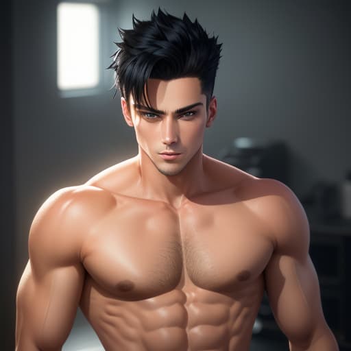  a young male, spiky black hair, blue eyes, skinny toned body, shirtless, hyperrealistic, high quality, highly detailed, perfect lighting, intricate, sharp focus, f/1. 8, 85mm, (centered image composition), (professionally color graded), ((bright soft diffused light)), trending on instagram, HDR 4K, 8K