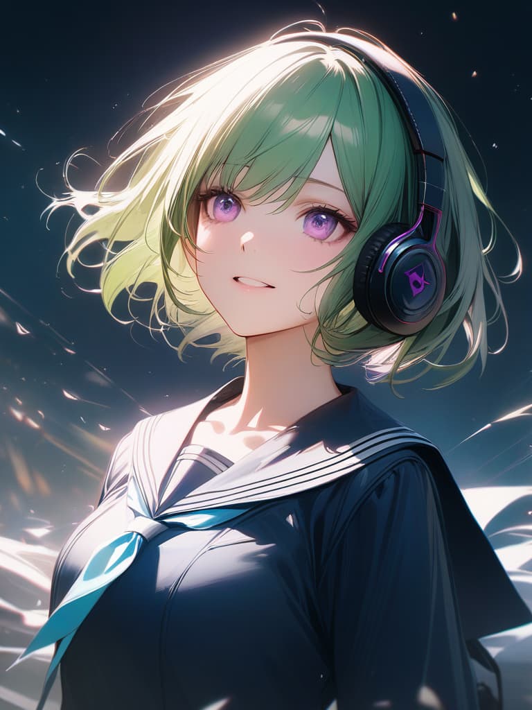  1girl,18yo,green hair,short hair,purple eyes,headphone,summer black sailor suit,very loud laugh,music note effect, realistic, masterpiece, best quality,8k,ultra detailed,high resolution,an extremely delicate and beautiful,hyper detail