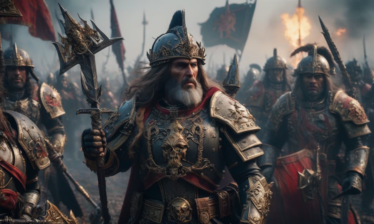  warhammer chaos deamns battle hyperrealistic, full body, detailed clothing, highly detailed, cinematic lighting, stunningly beautiful, intricate, sharp focus, f/1. 8, 85mm, (centered image composition), (professionally color graded), ((bright soft diffused light)), volumetric fog, trending on instagram, trending on tumblr, HDR 4K, 8K