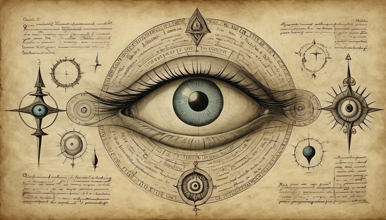  on parchment, surrealism+++, A figure surrounded by imitators, their eyes empty of understanding, central figure exuding wisdom, spiritual symbols floating around, highlights disparity in comprehension(mysterious, provocative, symbolic,muted color)+++