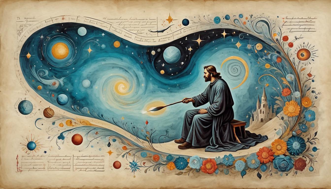  on parchment, surrealism+++, A figure, paintbrush in hand, pulling inspiration from swirling cosmos, colors blending into canvas, imaginative, artistic fervor, mystical atmosphere(mysterious, provocative, symbolic,muted color)+++