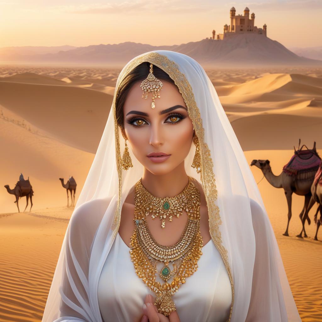  hyperrealistic art A woman with intricate jewelry and a colorful veil gazes intently, as a caravan of camels traverses a desert with a sunset behind. masterpiece.(Desert + dunes).(the main background is a yellow orange gradient).(The Sheikh's castle is in the background).(In the foreground on the right is a caravan of camels + Arabs).(In the foreground on the left is a beautiful Iranian woman with beautiful black eyes).(The Iranian woman is wearing beautiful clothes + expensive jewelry) (The Iranian woman has an openwork veil on her face, she holds it with her hand). (The most beautiful photo in the world.) . extremely high resolution details, photographic, realism pushed to extreme, fine texture, incredibly lifelike hyperrealistic, full body, detailed clothing, highly detailed, cinematic lighting, stunningly beautiful, intricate, sharp focus, f/1. 8, 85mm, (centered image composition), (professionally color graded), ((bright soft diffused light)), volumetric fog, trending on instagram, trending on tumblr, HDR 4K, 8K