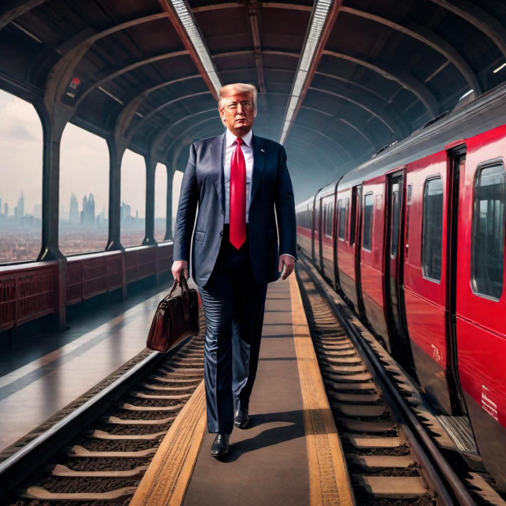  An image of a Generation X train with Donald Trump riding on the top. The train should look modern and futuristic, with sleek lines and advanced technology features. Donald Trump, in his recognizable attire with a dark suit and red tie, should be on top of the train, looking confident and perhaps waving or pointing. The background should have a dynamic setting, possibly with a vibrant cityscape or open countryside. hyperrealistic, full body, detailed clothing, highly detailed, cinematic lighting, stunningly beautiful, intricate, sharp focus, f/1. 8, 85mm, (centered image composition), (professionally color graded), ((bright soft diffused light)), volumetric fog, trending on instagram, trending on tumblr, HDR 4K, 8K