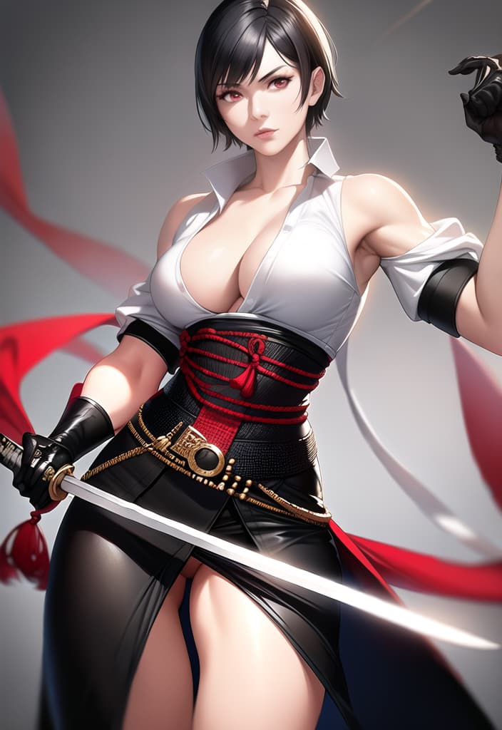  black hair, very short hair, woman, older sister, mature, white dress shirt, red corset, black leather pants, long Japanese sword, muscular, accurate eyes, accurate hands, Japanese armor on shoulders and arms, (Masterpiece, BestQuality:1.3), (ultra detailed:1.2), (hyperrealistic:1.3), (RAW photo:1.2),High detail RAW color photo, professional photograph, (Photorealistic:1.4), (realistic:1.4), ,professional lighting, (japanese), beautiful face, (realistic face)