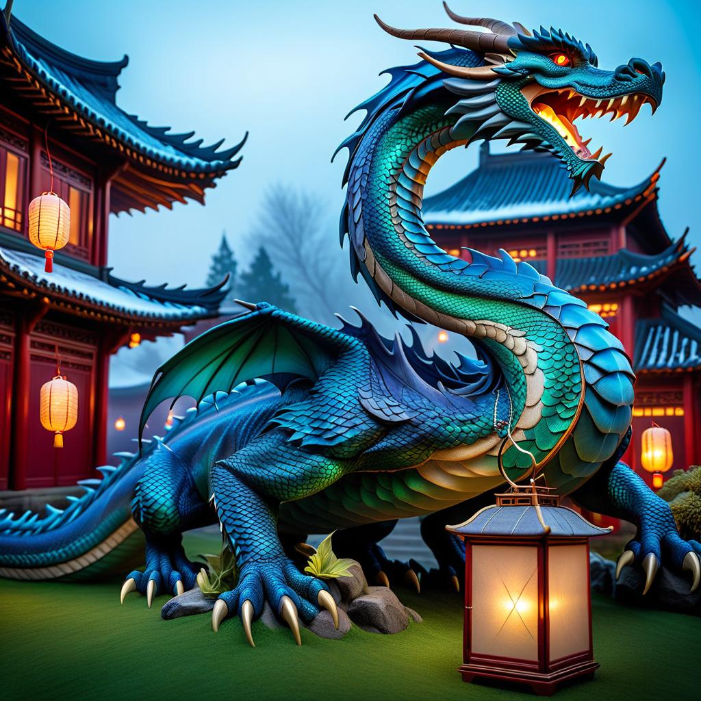  ethereal fantasy concept art of (Background): Blue sky. In the sky is a snow covered island. A Chinese style house with a scaly roof rises in the centre of the island. Chinese lanterns in the shape of snowflakes stand on the lawn. They serve as the base of the house. A large dragon curls around the house. He is its caring guardian. Foreground. (Dragon):appearance: a peacefully slumbering dragon with wings hugging the house. (Colour of scales and wings):blue, flowing into silvery white wings with pale blue scales at the end. Style:fantasy, Chinese doramas, short story. . magnificent, celestial, ethereal, painterly, epic, majestic, magical, fantasy art, cover art, dreamy hyperrealistic, full body, detailed clothing, highly detailed, cinematic lighting, stunningly beautiful, intricate, sharp focus, f/1. 8, 85mm, (centered image composition), (professionally color graded), ((bright soft diffused light)), volumetric fog, trending on instagram, trending on tumblr, HDR 4K, 8K