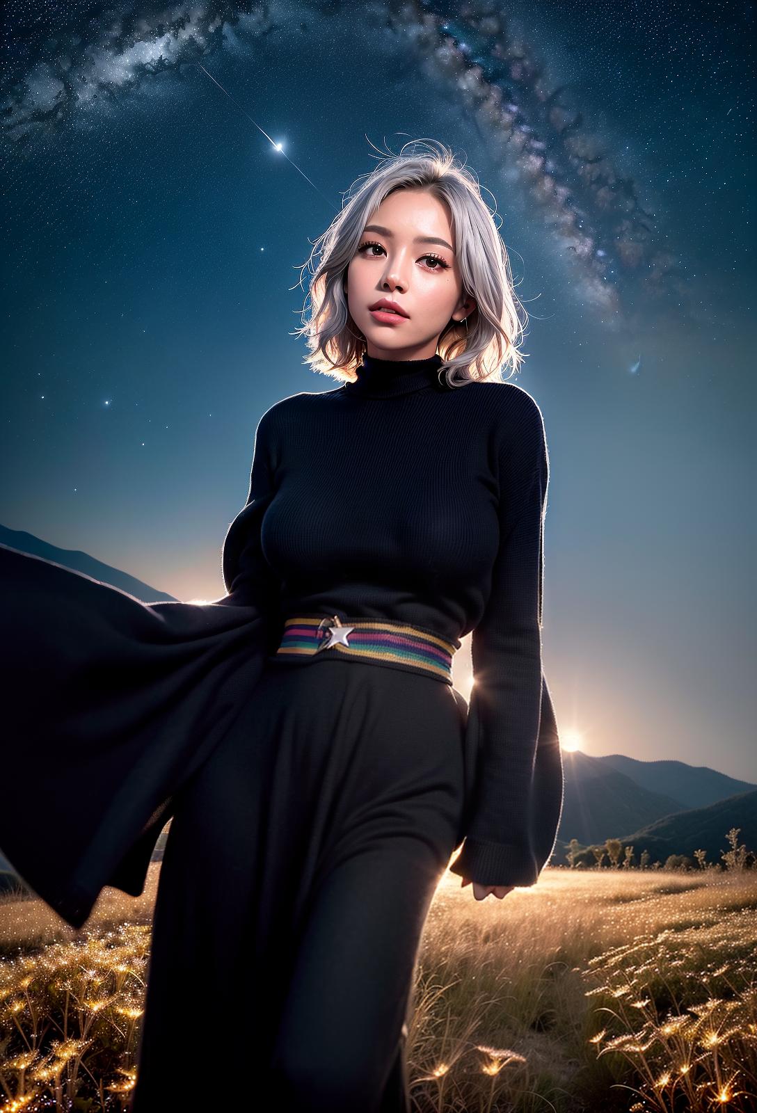  High quality, 4K, high resolution, realistic, night sky, beautiful women, full time smiles, big eyes, plump breasts, constricted waist, outstanding style, narrow ankles, wide landscape photos, short hair, light silver color Hair, (seen from below, the sky is above, and the open field is below), a beautiful woman standing up in the flower garden, (full moon: 1.2), (meteor: 0.9), (star cloud: 1.3) , Northern mountains, trees destroy art, (warm light: 1.2), (fireflies: 1.2), light, purple and orange, complex details, volumetric lighting break (masterpiece: 1.2), (maximum quality) , 4K, super detail, (dynamic configuration: 1.4), rich colors, (rainbow color: 1.2), (shine, lighting with atmosphere), dreamy, light silver hair, stars, many stars,