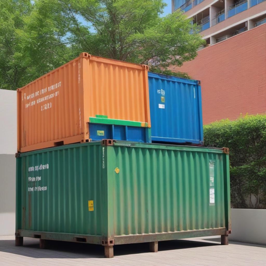  Containers with garbage are on a par on a small platform in the courtyard of a multi -storey building :: containers have the same size and geometric shape of the cube :: Each container has its own color: orange, blue and green :: On the site, containers stand next to each other in the same line parallel to the wall of an apartment building.