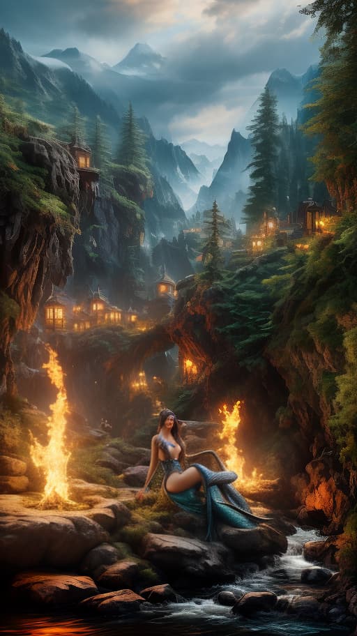  Mermaid, hyperrealistic photography, complex lighting, mountain river, cave, torches., (intricate details:0.9), (hdr, hyperdetailed:1.2) hyperrealistic, full body, detailed clothing, highly detailed, cinematic lighting, stunningly beautiful, intricate, sharp focus, f/1. 8, 85mm, (centered image composition), (professionally color graded), ((bright soft diffused light)), volumetric fog, trending on instagram, trending on tumblr, HDR 4K, 8K