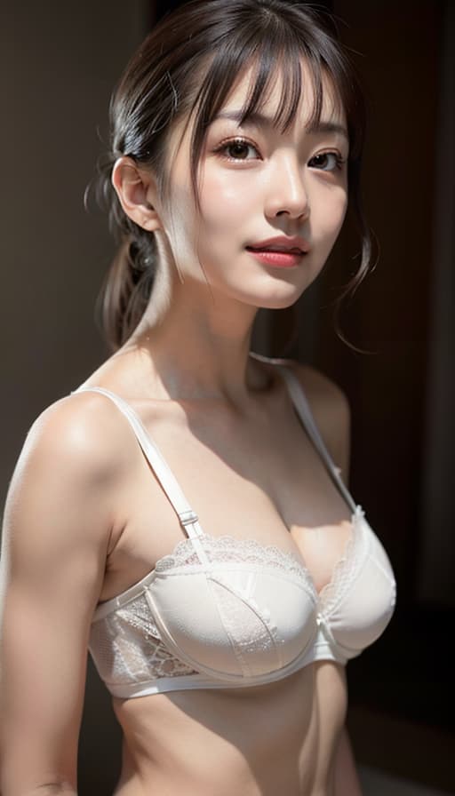  Bed, smile, lace pattern bra,, (Masterpiece, BestQuality:1.3), (ultra detailed:1.2), (hyperrealistic:1.3), (RAW photo:1.2),High detail RAW color photo, professional photograph, (Photorealistic:1.4), (realistic:1.4), ,professional lighting, (japanese), beautiful face, (realistic face)