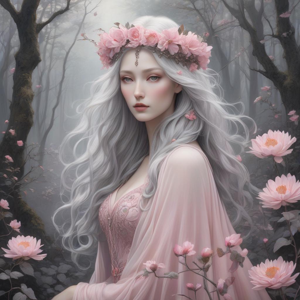  An ethereal woman adorned with a floral crown and a flowing pink gown, her silver hair cascading amidst soft pink blooms. A pencil and charcoal sketch of a beautiful forest gypsy in flowing gowns of petals, in an enchanted forest. Pale pinks, bronze and greys. Mucha inspired emotional nature ephemeral sculptures of Andy Goldsworthy, tiny human form, essence captured as if created by surrealist photographer Noel S Osvald rendered in bright ombre colors, mixed with influences by John Bauer and Tim Burton, faded dark grey background, minimalistic art, with details that reflect advanced rendering techniques that push the drawing's realism even further hyperrealistic, full body, detailed clothing, highly detailed, cinematic lighting, stunningly beautiful, intricate, sharp focus, f/1. 8, 85mm, (centered image composition), (professionally color graded), ((bright soft diffused light)), volumetric fog, trending on instagram, trending on tumblr, HDR 4K, 8K