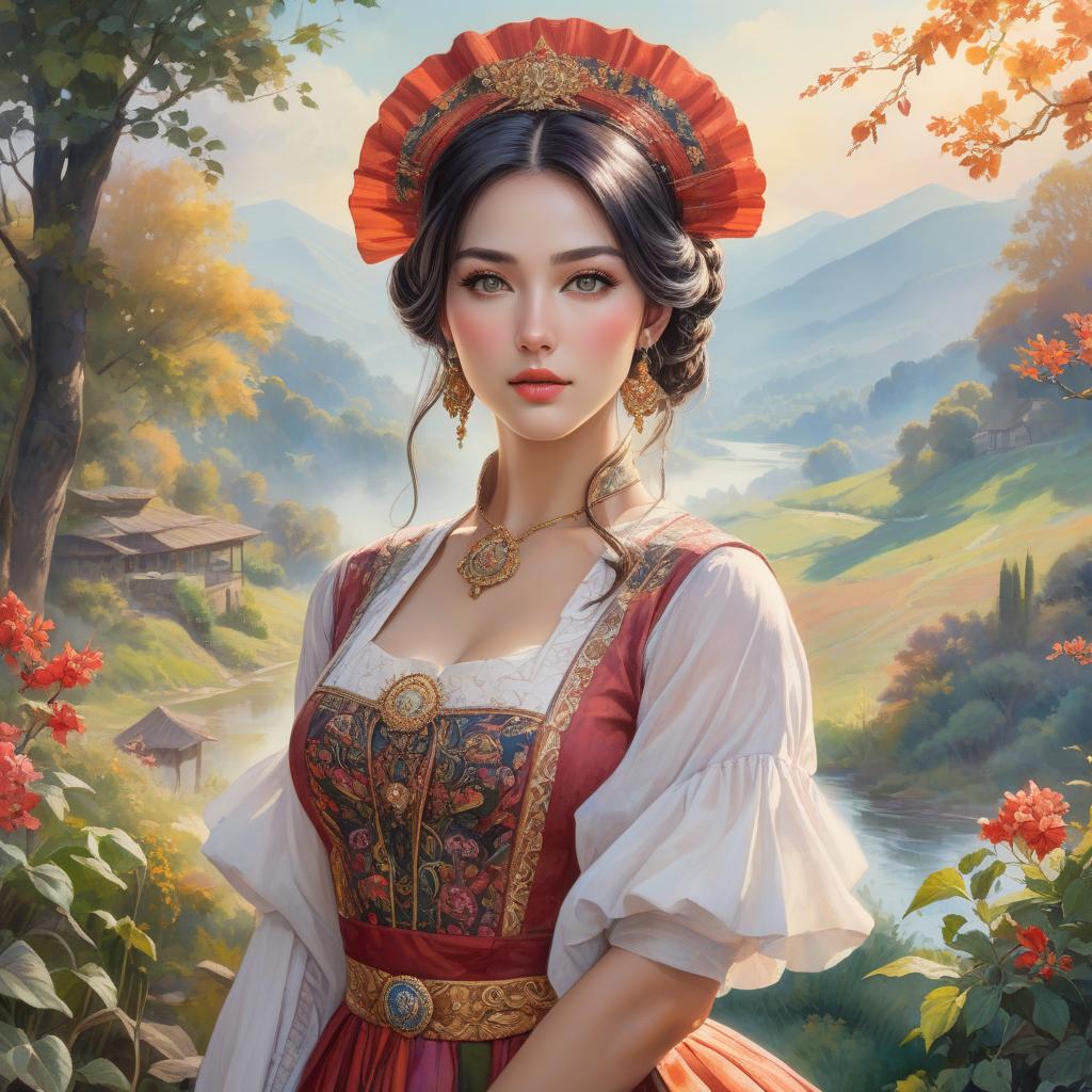  Portrait in watercolor style of a woman with detailed facial features and expressive eyes, wearing a vibrant, traditional costume. The art piece combines fantasy elements with realism, featuring a countryside scenery in the background. The artwork showcases post impressionist colorism and a soft, velvety texture. hyperrealistic, full body, detailed clothing, highly detailed, cinematic lighting, stunningly beautiful, intricate, sharp focus, f/1. 8, 85mm, (centered image composition), (professionally color graded), ((bright soft diffused light)), volumetric fog, trending on instagram, trending on tumblr, HDR 4K, 8K