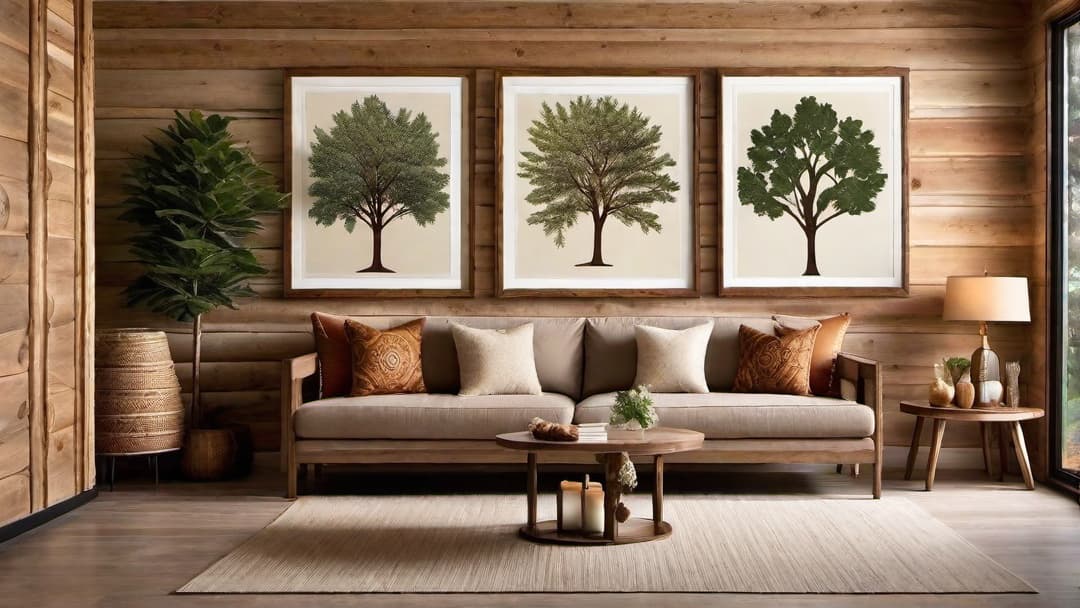  Nature inspired wall art and decor in a log cabin interior, showcasing wooden walls adorned with handcrafted tree inspired frames, leaf patterned tapestry, and nature themed paintings, complemented by earthy toned furniture and soft, warm lighting.