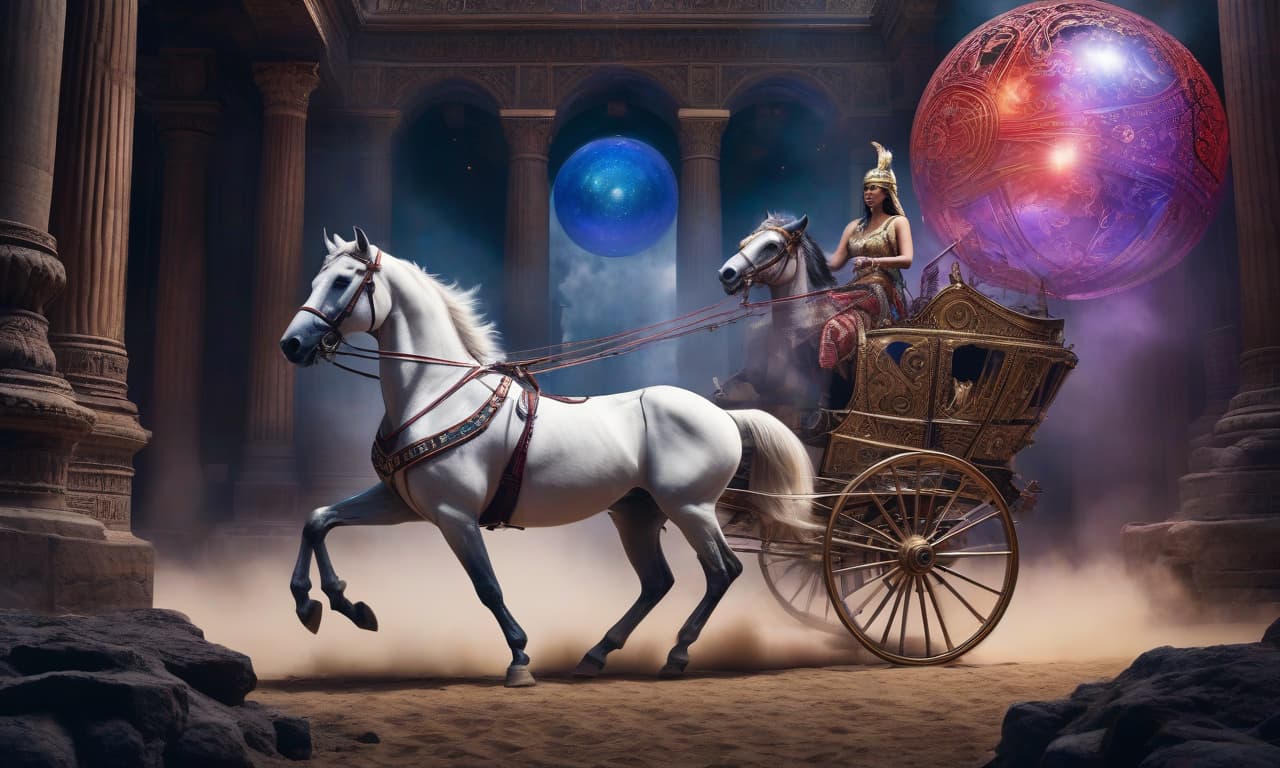  A fantastical scene. A digital photo, a horse harnessed to a chariot races forward, Cleopatra is driving, in a glowing sphere emitting white blue red neon purple flickering, mystical illumination. Powdery dust flies fantastically from under the wheels of the chariot, intricate, surreal ornate patterns swirl. Delicate details, glimmers. hyperrealistic, full body, detailed clothing, highly detailed, cinematic lighting, stunningly beautiful, intricate, sharp focus, f/1. 8, 85mm, (centered image composition), (professionally color graded), ((bright soft diffused light)), volumetric fog, trending on instagram, trending on tumblr, HDR 4K, 8K