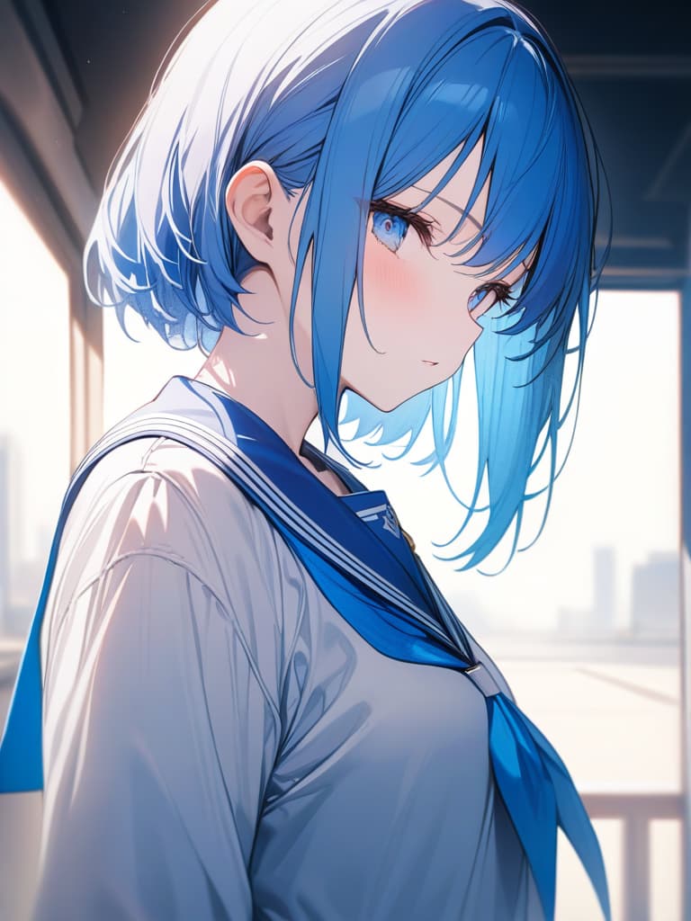  Cute, , blue hair, blue eyes, short bob, thin body, white skin, sauce, , uniform, ribbon, sailor suit, masterpiece, best quality,8k,ultra detailed,high resolution,an extremely delicate and beautiful,hyper detail