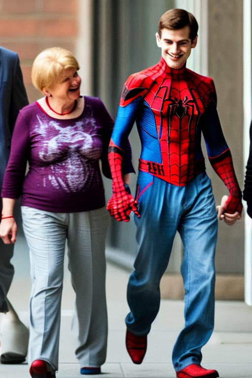  Spiderman walks while carrying his parents, and his parents smile