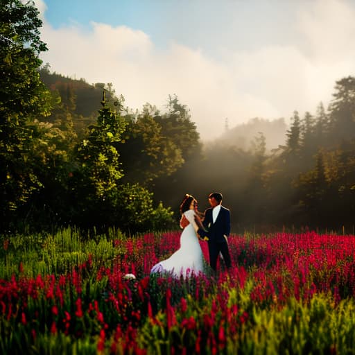 modern disney style couple amoureux en pleine prairie hyperrealistic, full body, detailed clothing, highly detailed, cinematic lighting, stunningly beautiful, intricate, sharp focus, f/1. 8, 85mm, (centered image composition), (professionally color graded), ((bright soft diffused light)), volumetric fog, trending on instagram, trending on tumblr, HDR 4K, 8K