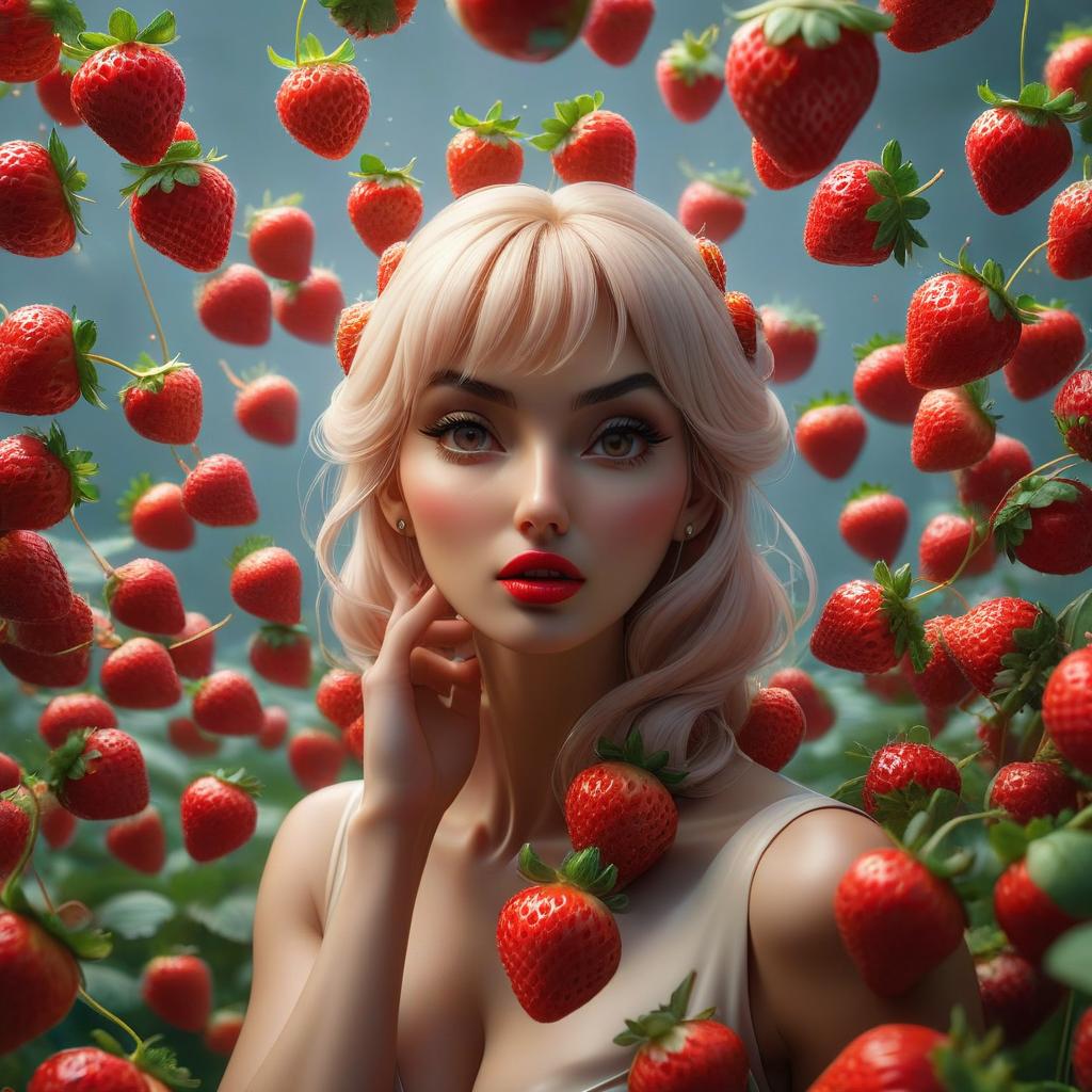  A live strawberry with a clear face swoops onto the screen, in her hand a red sphere in which many small strawberries are spinning around hyperrealistic, full body, detailed clothing, highly detailed, cinematic lighting, stunningly beautiful, intricate, sharp focus, f/1. 8, 85mm, (centered image composition), (professionally color graded), ((bright soft diffused light)), volumetric fog, trending on instagram, trending on tumblr, HDR 4K, 8K