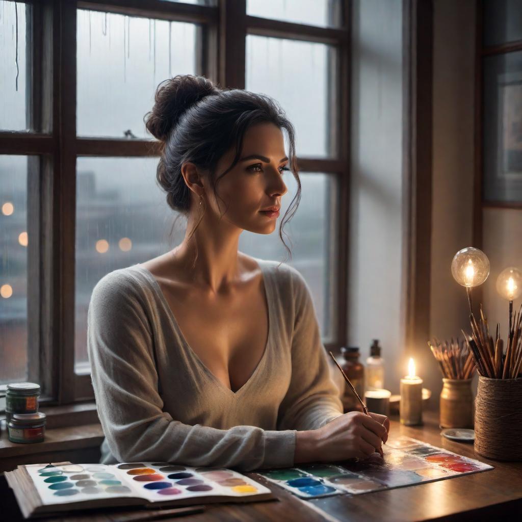  A woman sitting by a window on a rainy day, looking contemplative and longing. Inside, she’s painting a picture of her life story on a canvas. The rain outside creates a serene and slightly melancholic atmosphere. Through the window, you can see a dimly lit cityscape with blurred lights. Inside the room, there’s a cozy, artistic ambiance with scattered art supplies and warm lighting. hyperrealistic, full body, detailed clothing, highly detailed, cinematic lighting, stunningly beautiful, intricate, sharp focus, f/1. 8, 85mm, (centered image composition), (professionally color graded), ((bright soft diffused light)), volumetric fog, trending on instagram, trending on tumblr, HDR 4K, 8K