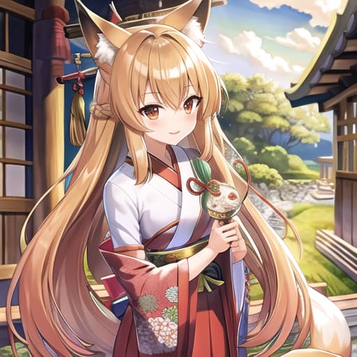  master piece , best quality,Fox , long hair, hair, young , shrine maiden,