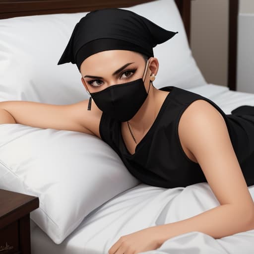  Shaved head, boyish, lying in bed, wearing pirate bandana, black mask, pop.
