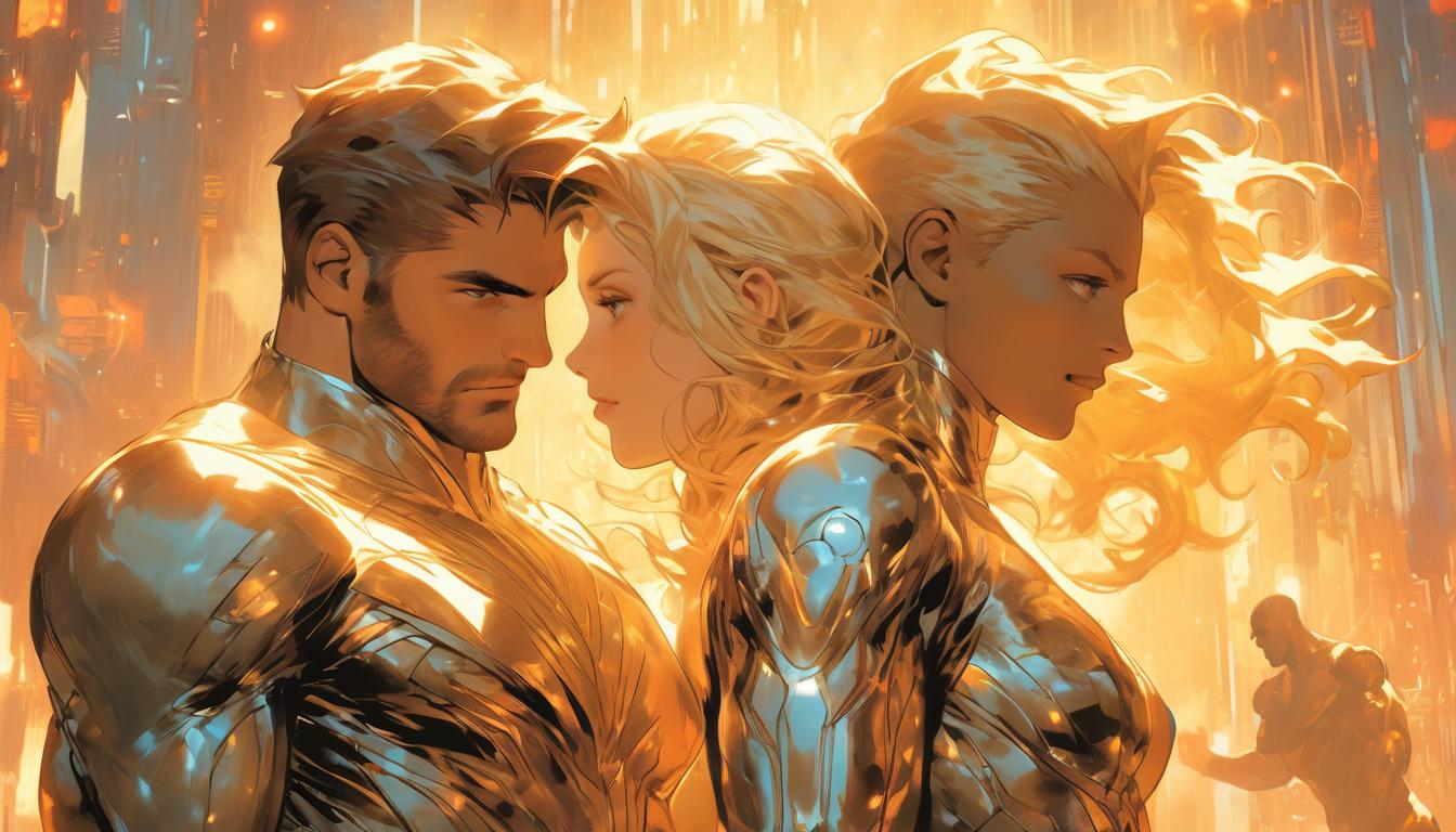  hyperrealism,fantasy aesthetic1man1woman, large busted attractive blonde arian female humanoid and handsome brunet male humanoid, both enveloped in shimmering light, celestial backdrop, high tech clothing clad in sleek, futuristic costume with metallic accents and form fitting designs, marvel superhero comics style, unreal engine rendering