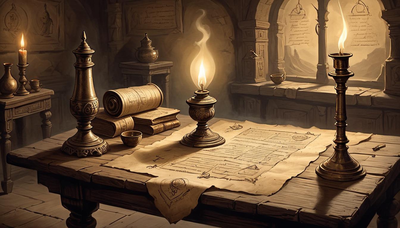  on parchment, surrealism+++, dimly lit room, ancient scrolls scattered on a wooden table, ethereal glow emanates from the scrolls, antique oil lamp casting shadows, mysterious, contemplative(mysterious, provocative, symbolic,muted color)+++