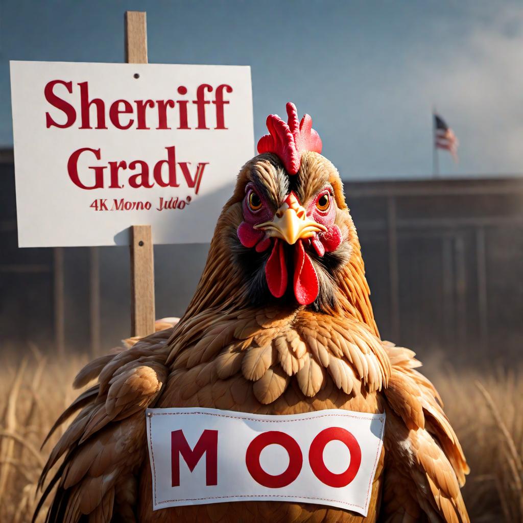  An image of Sheriff Grady Judd in a chicken costume holding a sign that says 'Eet mor Emoo'. hyperrealistic, full body, detailed clothing, highly detailed, cinematic lighting, stunningly beautiful, intricate, sharp focus, f/1. 8, 85mm, (centered image composition), (professionally color graded), ((bright soft diffused light)), volumetric fog, trending on instagram, trending on tumblr, HDR 4K, 8K