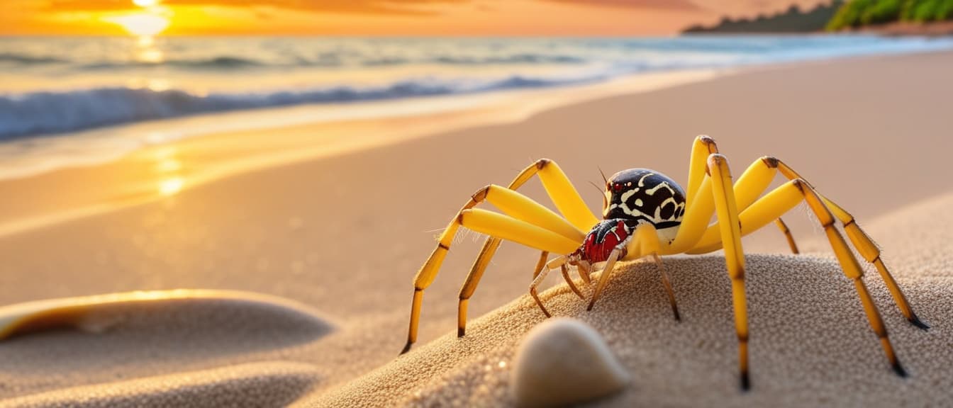  Macro Photography, Banana Spider on sand stone water beach in close up with the sunset sky,, close up, macro 100mm, macro photography