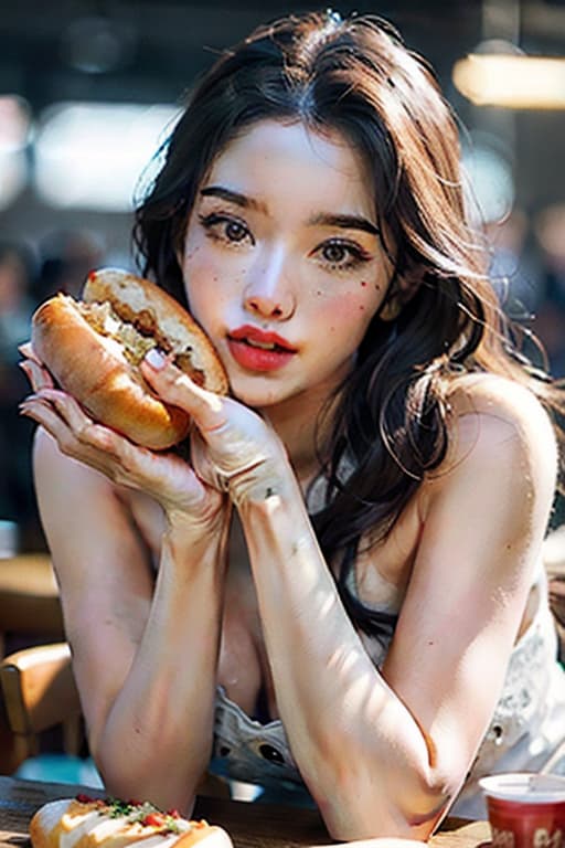  Naked beauty licks big hot dog with lips hyperrealistic, full body, detailed clothing, highly detailed, cinematic lighting, stunningly beautiful, intricate, sharp focus, f/1. 8, 85mm, (centered image composition), (professionally color graded), ((bright soft diffused light)), volumetric fog, trending on instagram, trending on tumblr, HDR 4K, 8K