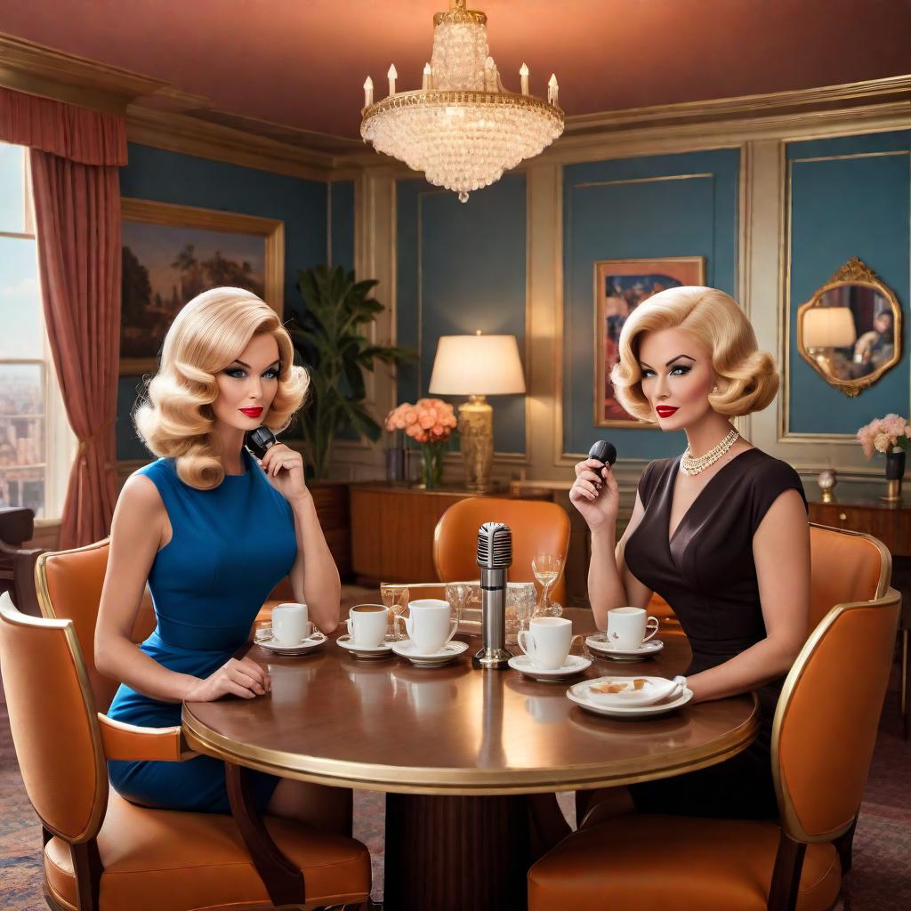  A glamorous vintage 60s cartoon-style podcast cover featuring two women in a beautiful, glamorous room. They are sitting at a table with a microphone and espresso cups. One woman has blonde hair and blue eyes, with a chic bob hairstyle and wearing a stylish dress. The other woman has brown hair and brown eyes with distinct facial features and long wavy hair, wearing a retro outfit. The background includes elements of a glamorous room from the 60s, with elegant decor, luxurious furniture, and a warm, inviting atmosphere. The overall style is bright, colorful, and nostalgic with a 60s cartoon drawing aesthetic. hyperrealistic, full body, detailed clothing, highly detailed, cinematic lighting, stunningly beautiful, intricate, sharp focus, f/1. 8, 85mm, (centered image composition), (professionally color graded), ((bright soft diffused light)), volumetric fog, trending on instagram, trending on tumblr, HDR 4K, 8K