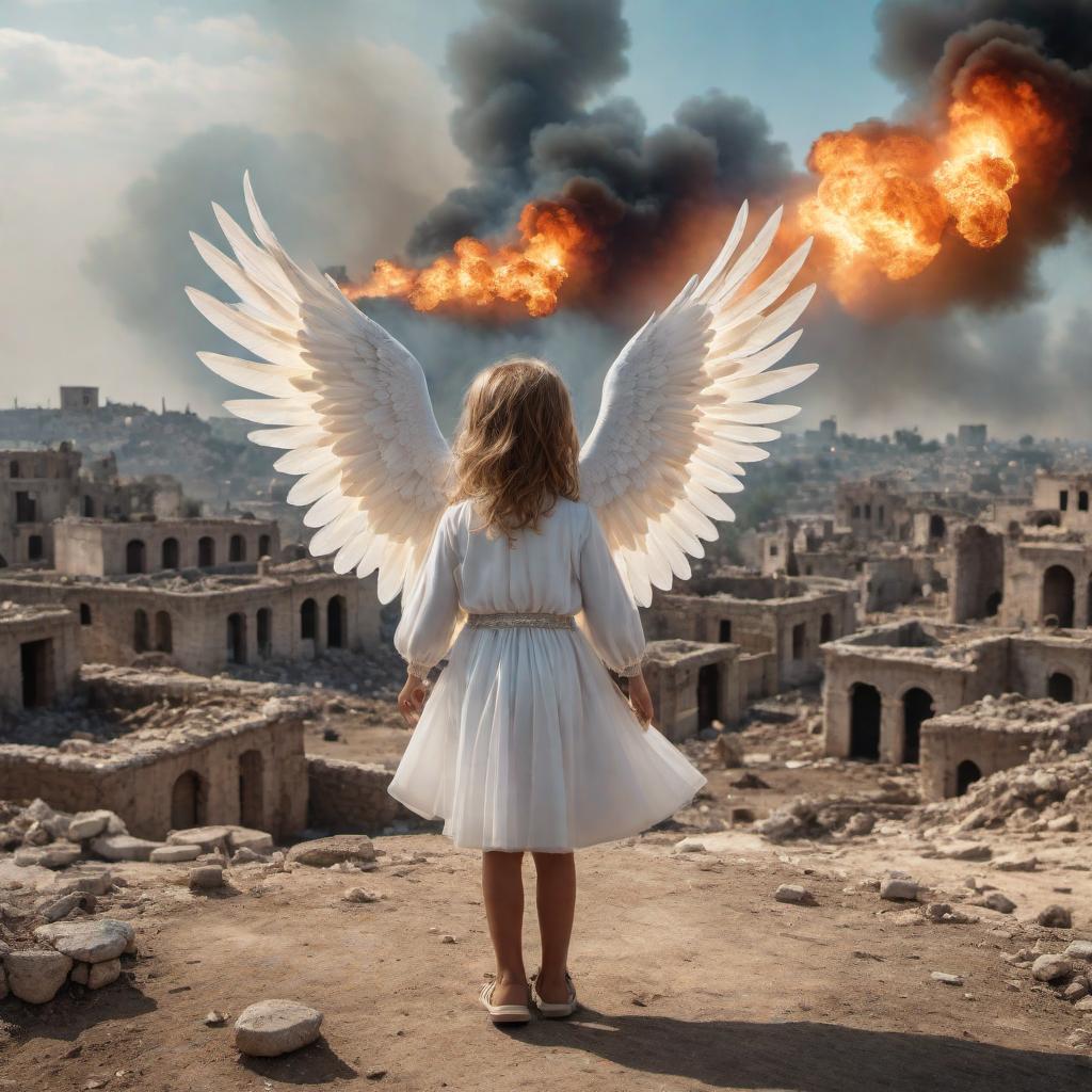  Children with small wings, wearing Palestinian colors, rising towards heaven. The background shows a war-torn landscape with smoke and ruins. The children transform into ethereal angels with glowing auras, looking peaceful despite the chaos below. Text overlay: 'Innocence lost and angels gained 🕊️🌟 Every child's voice, now an echo in heaven. Let's be the change we wish to see in this world. #Peace #StopTheViolence #HeavenlyAngels #Childhood #ViralVideo #PowerfulMessage #EndWarNow'. The visual is emotionally powerful, representing hope, innocence, and the cost of conflict. hyperrealistic, full body, detailed clothing, highly detailed, cinematic lighting, stunningly beautiful, intricate, sharp focus, f/1. 8, 85mm, (centered image composition), (professionally color graded), ((bright soft diffused light)), volumetric fog, trending on instagram, trending on tumblr, HDR 4K, 8K