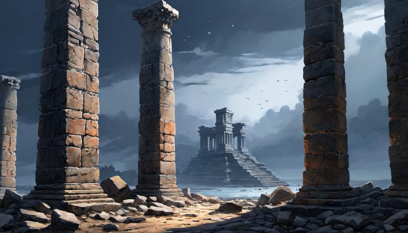  digital painting of Crumbled relics of a once mighty structure, pieces of fallen stones scattered across an uneven ground, broken pillars, remnants of grandiosity, silent desolation, twilight shadows looking at viewer, dynamic pose, (intricate details, masterpiece, best quality)