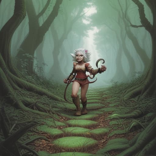 80's fantasy art, A dense forest path with multiple goblin tracks splitting off in different directions. A determined young fighter with white hair and red eyes leading a small party, scanning the ground for clues.
