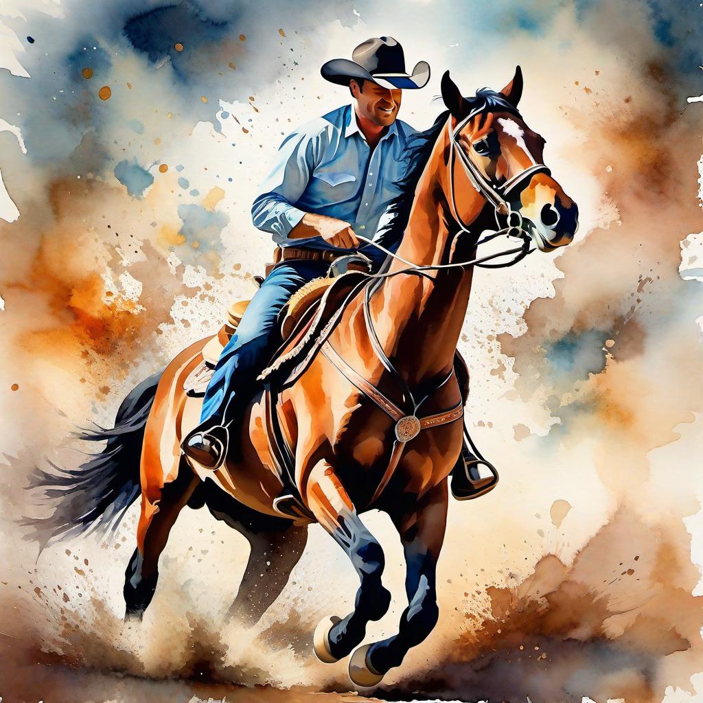  Create a watercolor painting of a man ridding a bucking horse at a rodeo. The background features soft, watercolor style splashes in earthy tones, giving the image an artistic and dreamy feel. Ensure the overall image has a delicate watercolor effect.