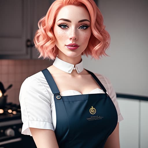  a closeup portrait of a playful maid, undercut hair, apron, amazing body, pronounced feminine feature, busty, kitchen, [ash blonde | ginger | pink hair], freckles, flirting with camera hyperrealistic, full body, detailed clothing, highly detailed, cinematic lighting, stunningly beautiful, intricate, sharp focus, f/1. 8, 85mm, (centered image composition), (professionally color graded), ((bright soft diffused light)), volumetric fog, trending on instagram, trending on tumblr, HDR 4K, 8K